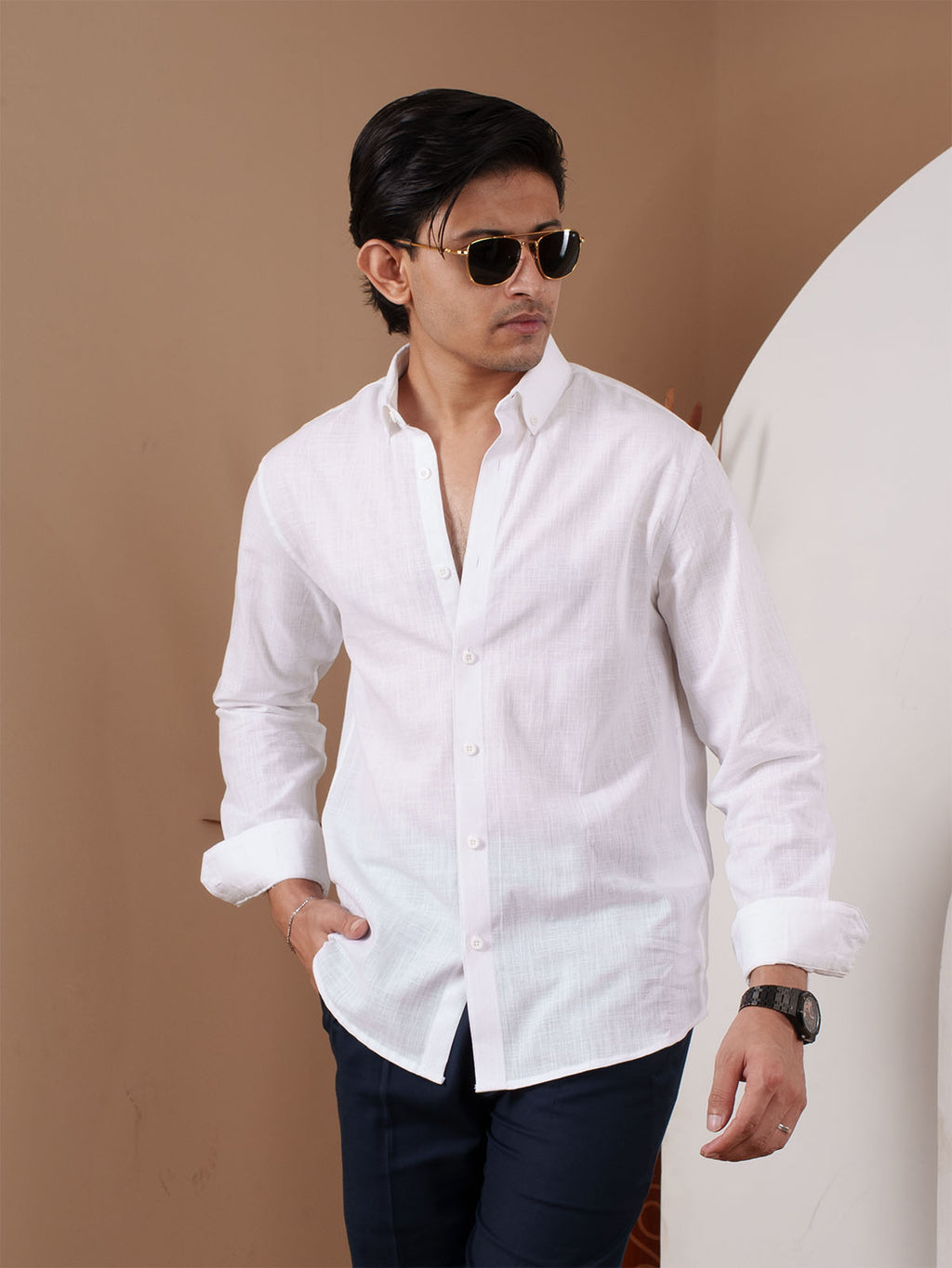 NIGHTFALL Solid White Textured Shirt