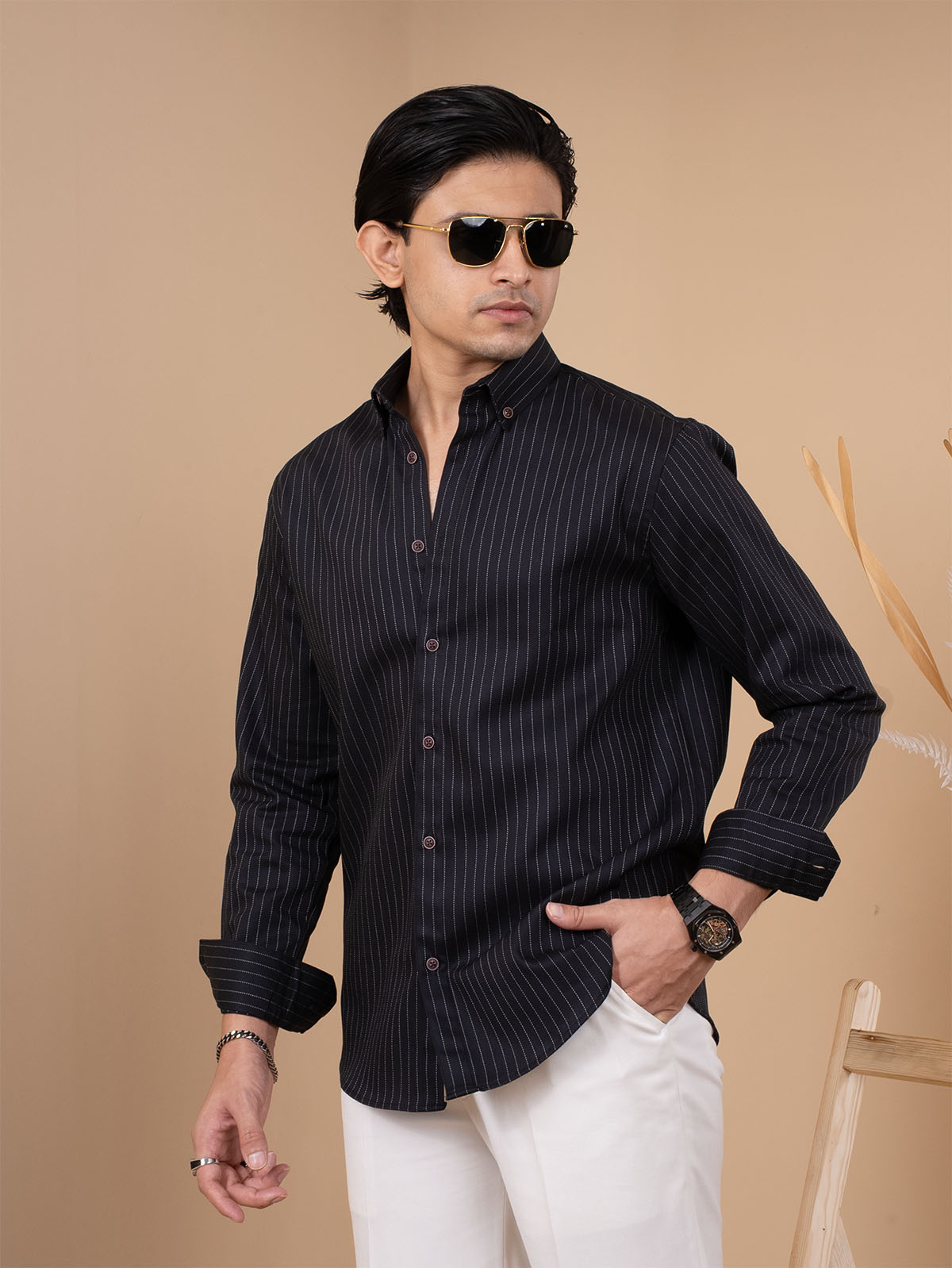 SKYFALL Jet Black Pinstripe Shirt For Cool Weather