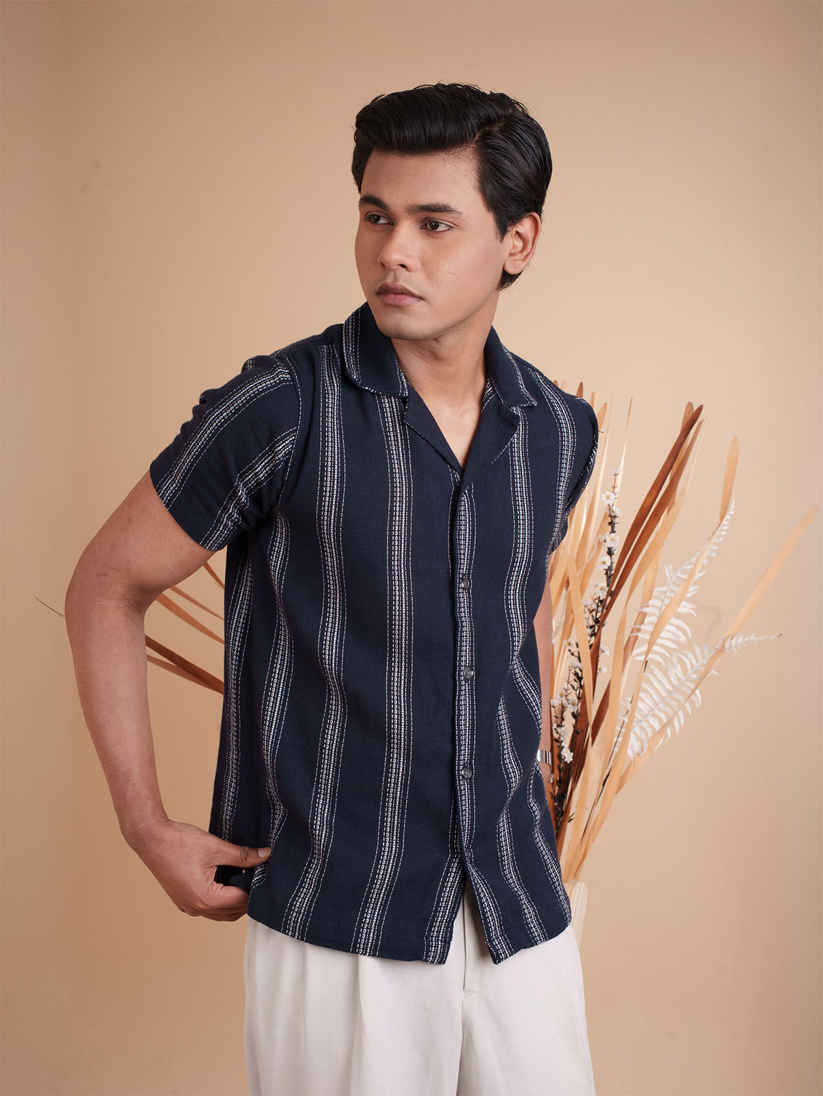 CROCHET Midnight Navy Stripe Cuban Shirt