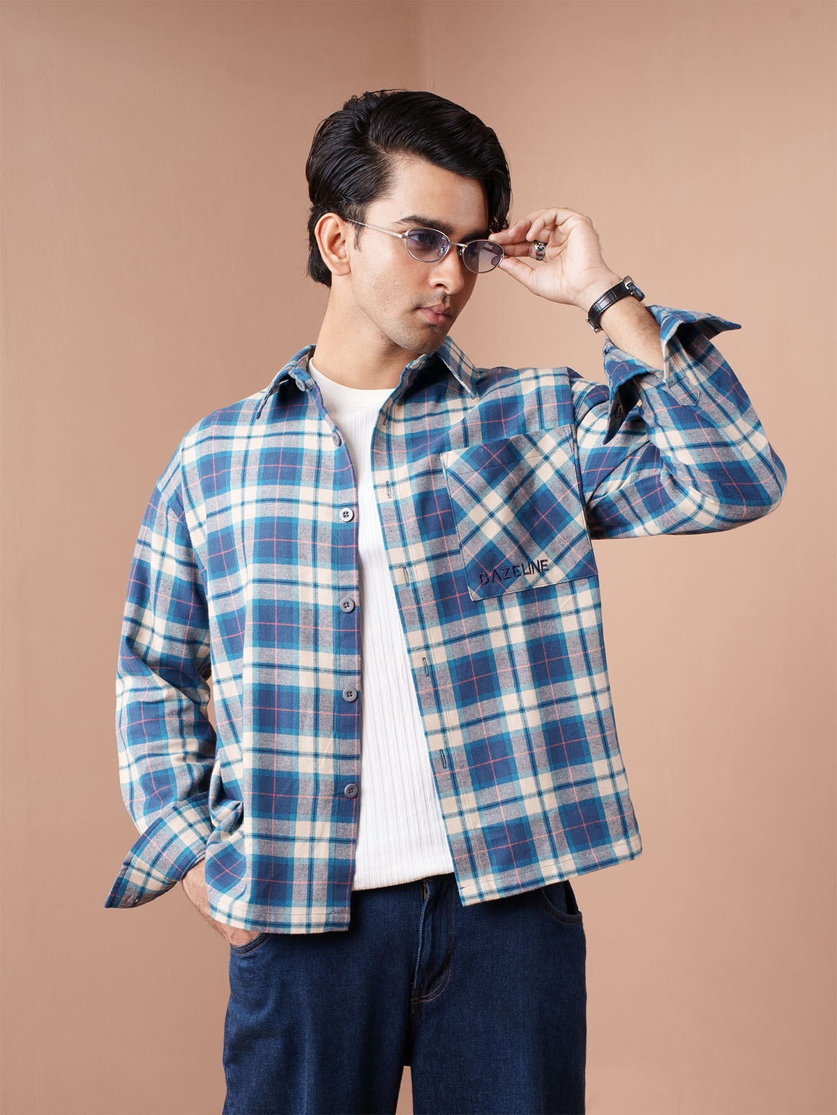 BOXY Blue & Beige Plaid Flannel Shirt