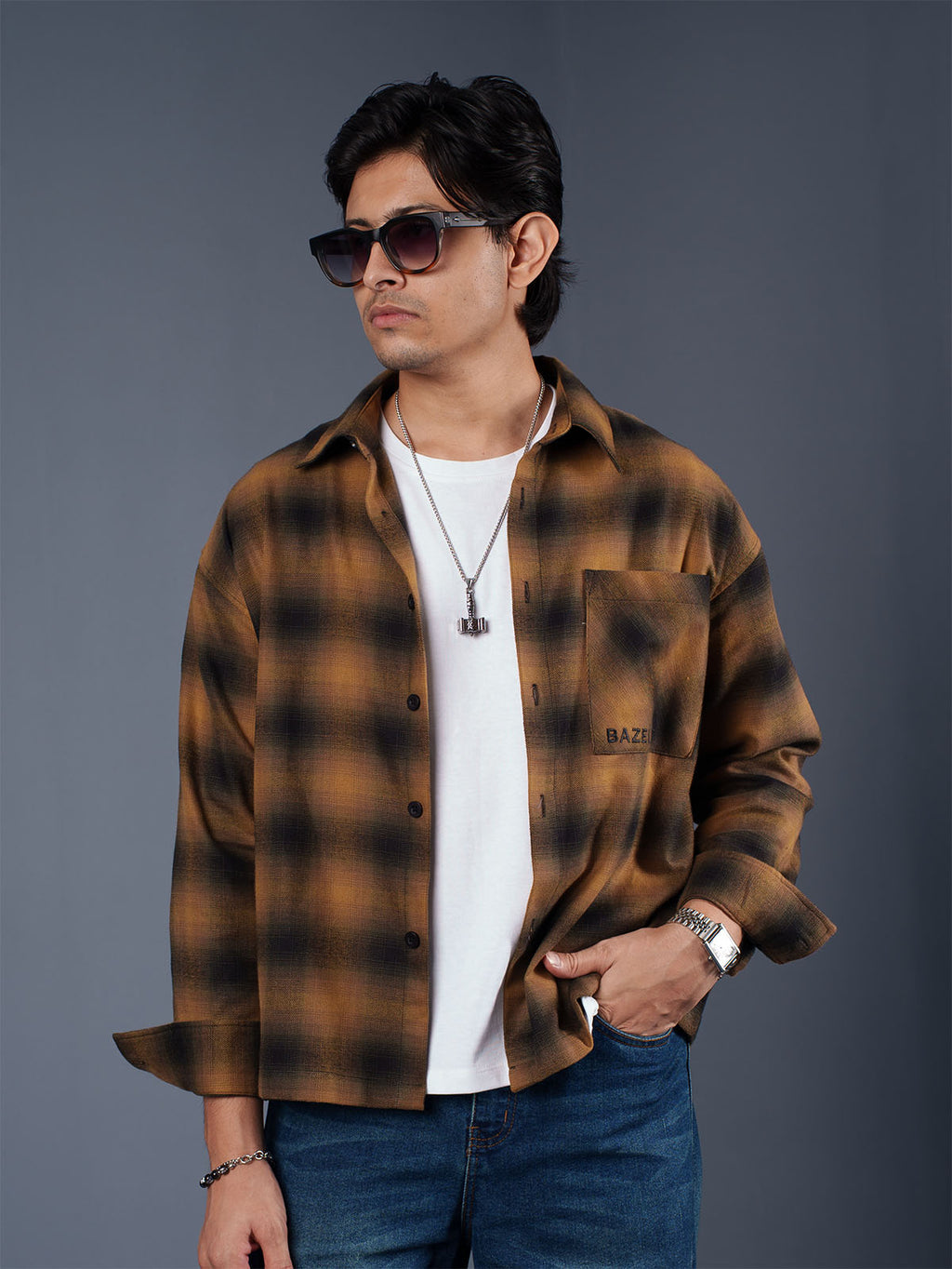 BOXY Mustard & Black Plaid Flannel Shirt