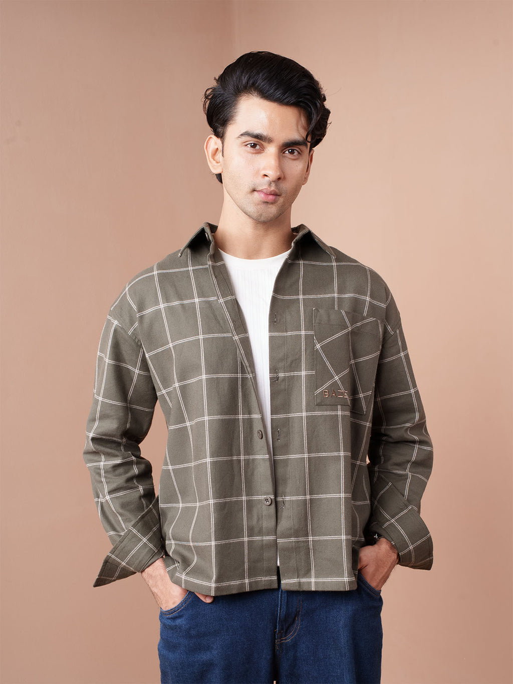 BOXY Olive & White Plaid Flannel Shirt