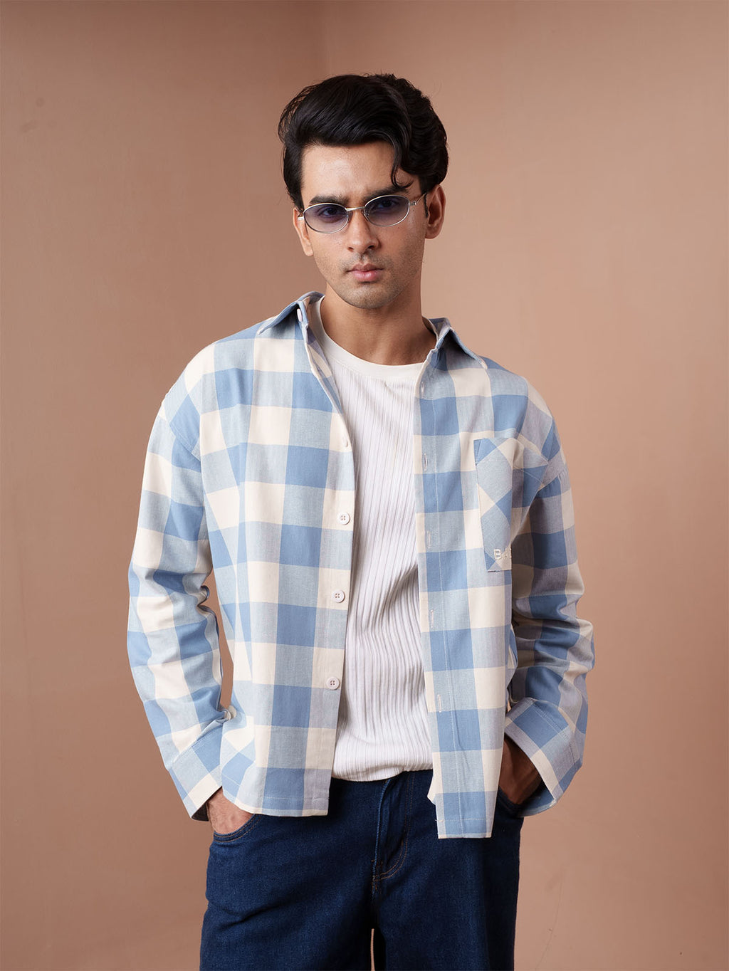 BOXY Light Blue & Cream Plaid Flannel Shirt