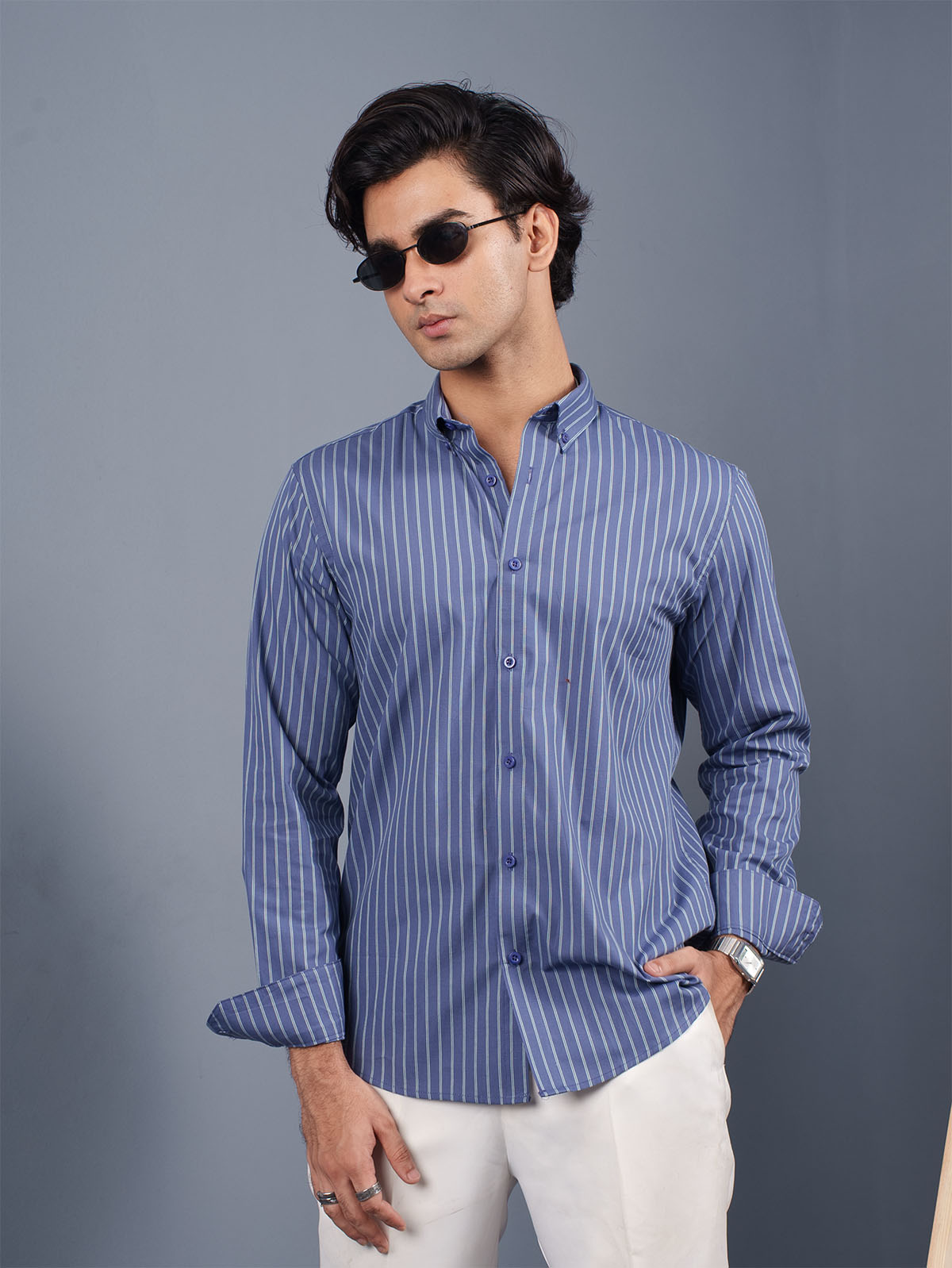 TRANSITION Steel Blue & Mint Striped Shirt