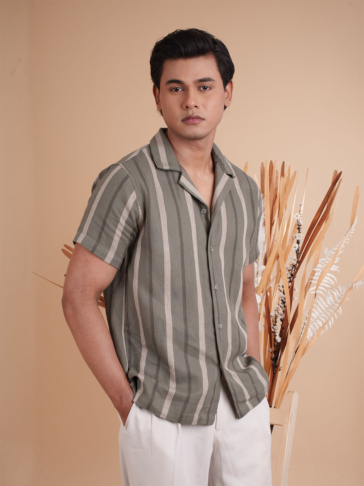 CROCHET Olive Stripe Cuban Shirt