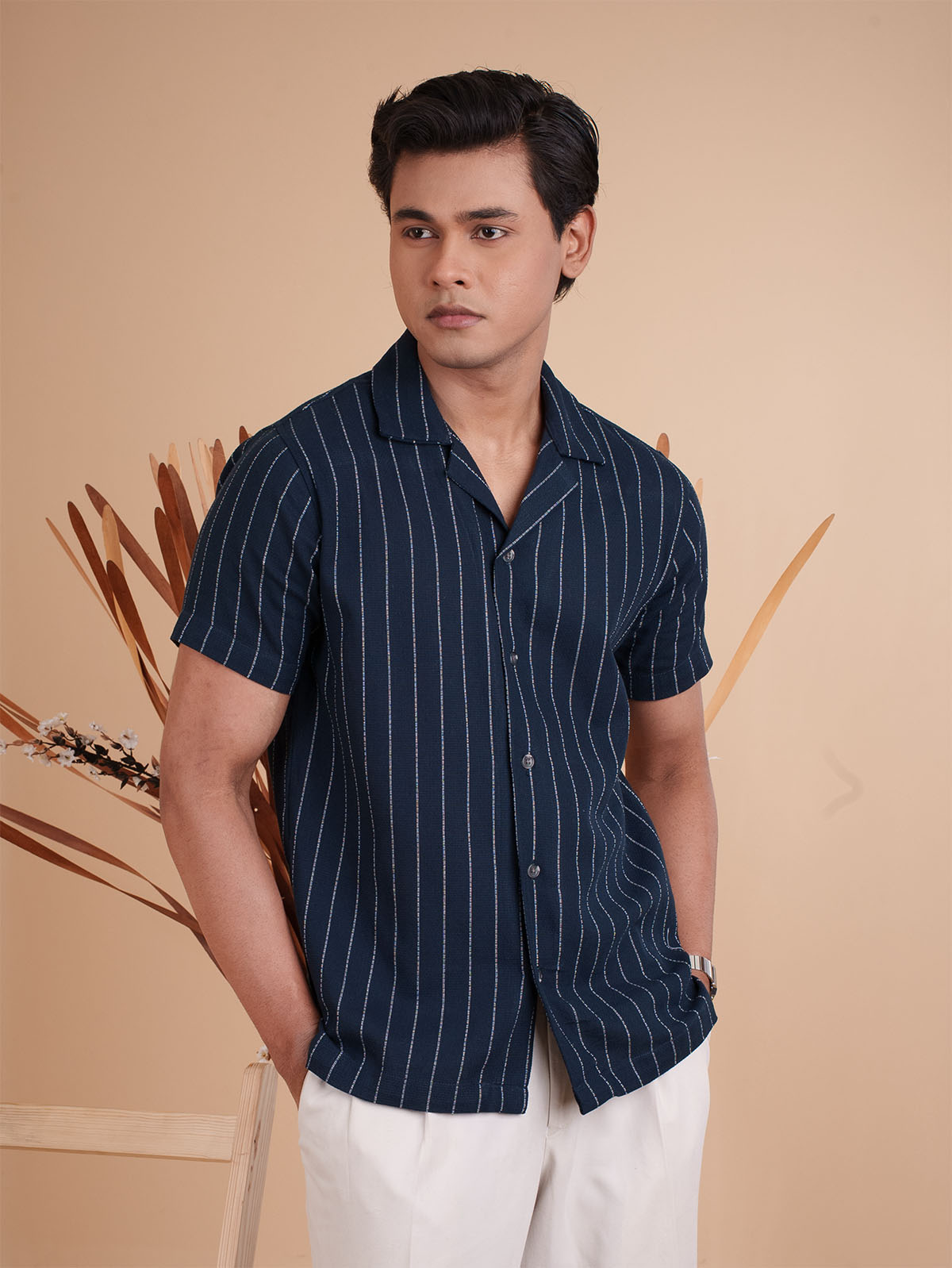 CROCHET Royal Navy Stripe Cuban Shirt
