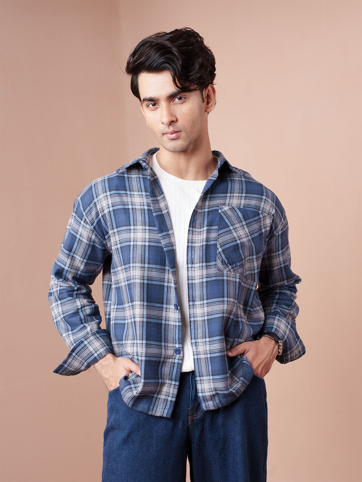 BOXY Navy & Steel Blue Plaid Flannel Shirt
