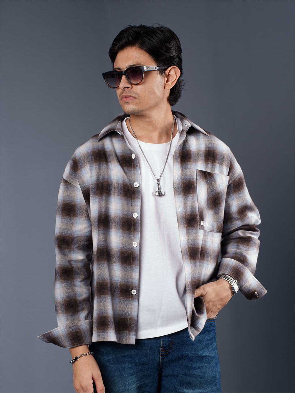 BOXY Brown & Light Blue Plaid Flannel Shirt