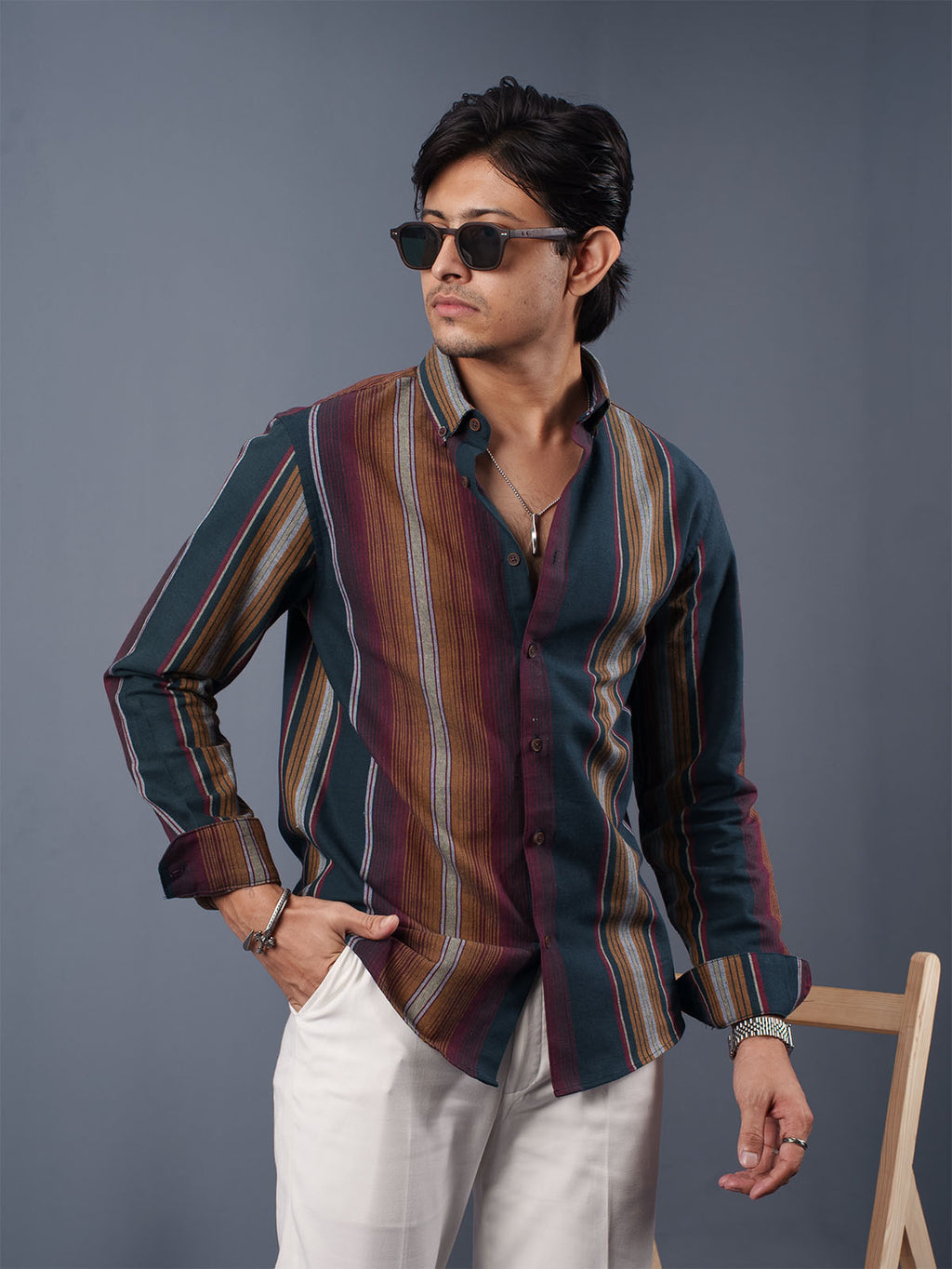 TRANSITION Multi-Color Striped Shirt (Dark Green, Maroon & Mustard)