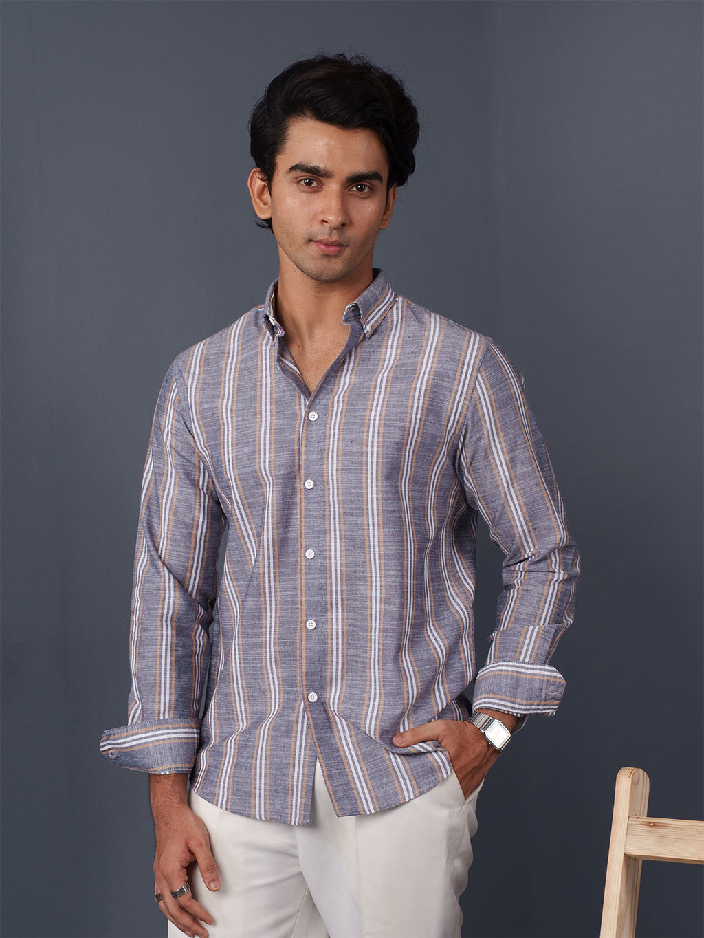 AUTUMN Grey & Ochre Striped Shirt