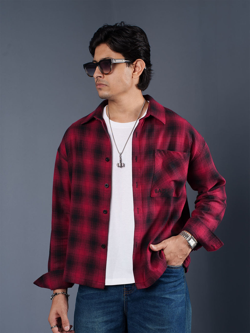 BOXY Maroon & Black Plaid Flannel Shirt