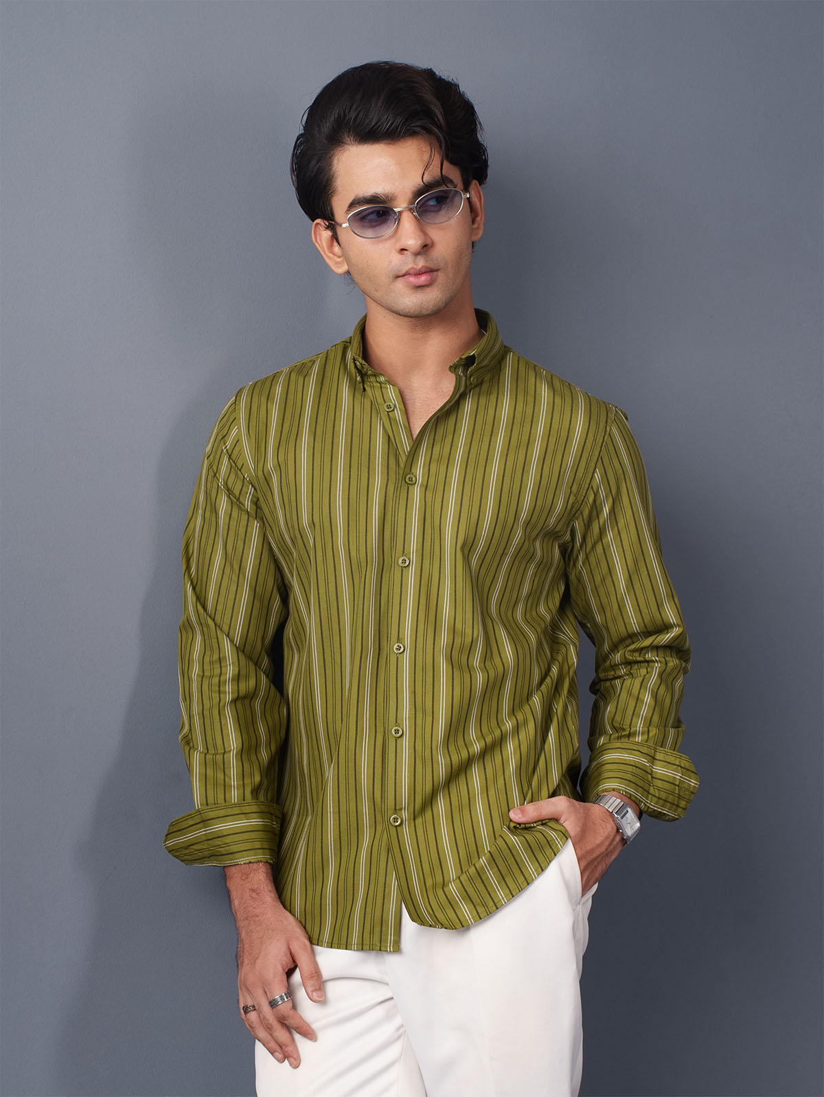 AUTUMN Olive Green & White Striped Shirt