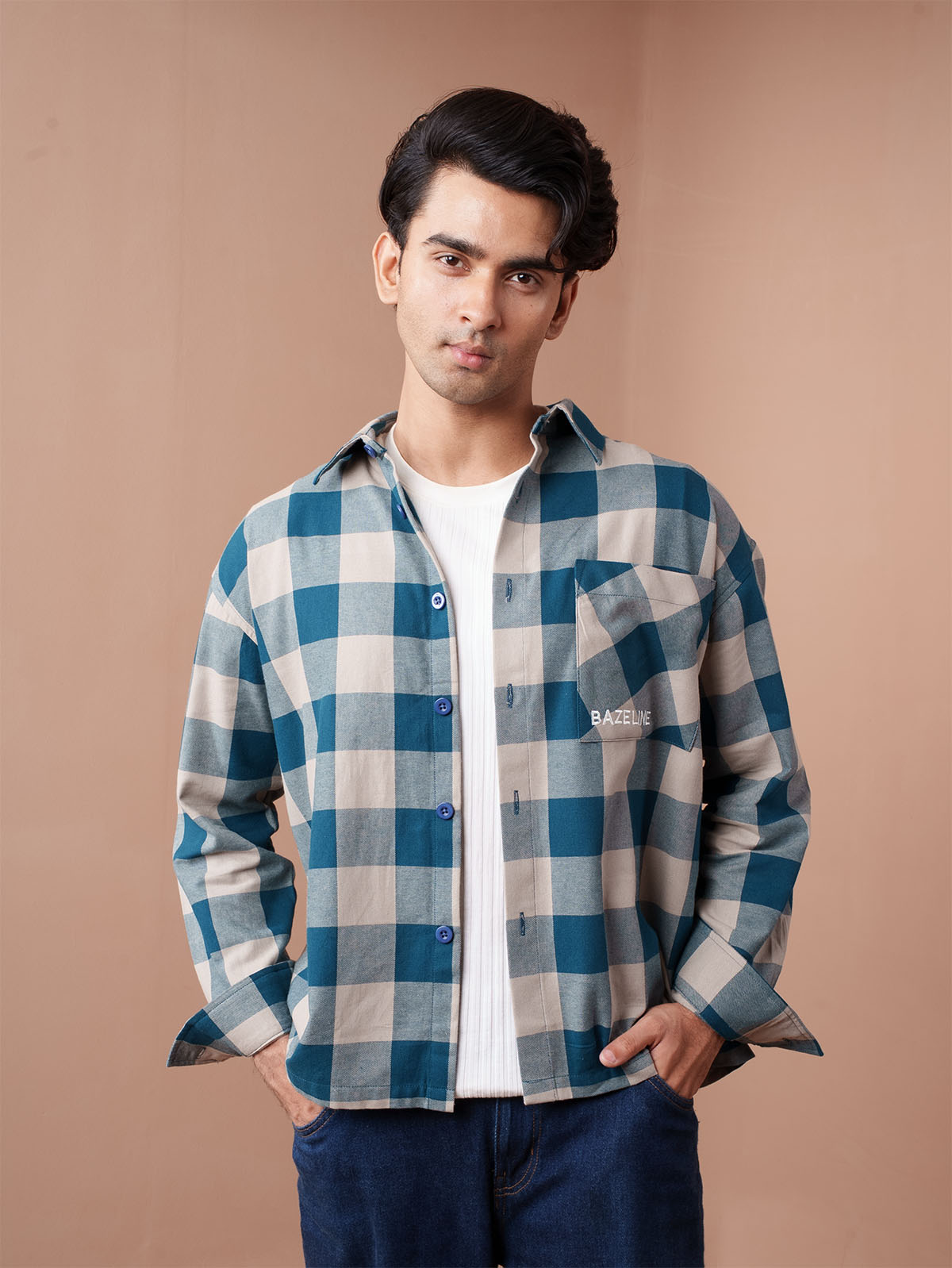 BOXY Teal & Beige Plaid Flannel Shirt