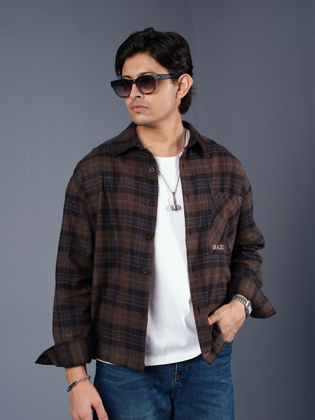 BOXY Coffee & Navy Plaid Flannel Shirt