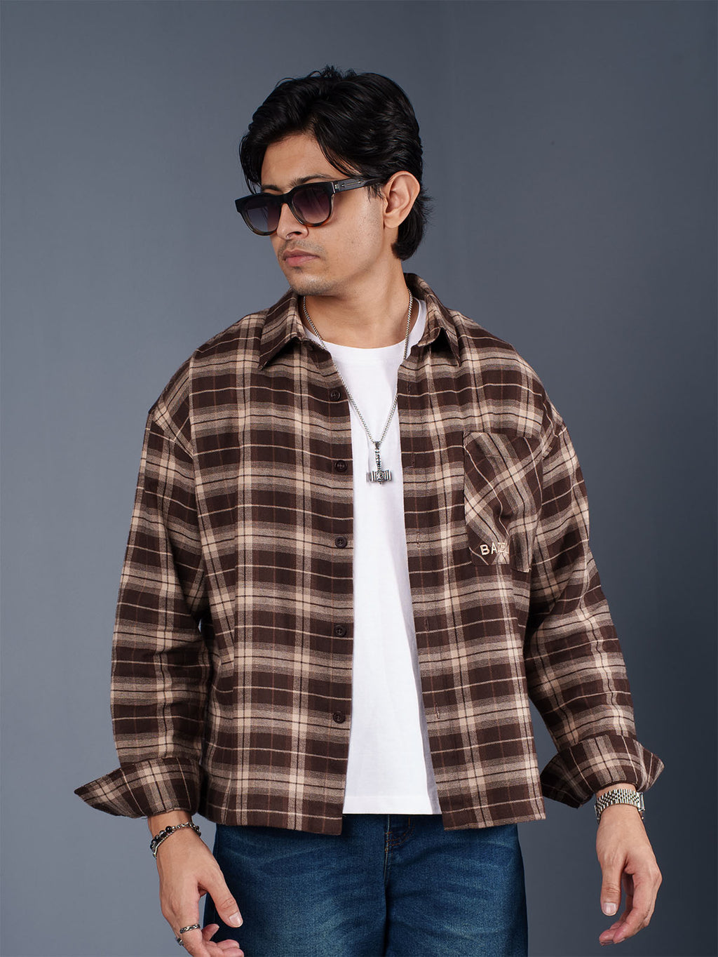 BOXY Brown & Cream Plaid Flannel Shirt