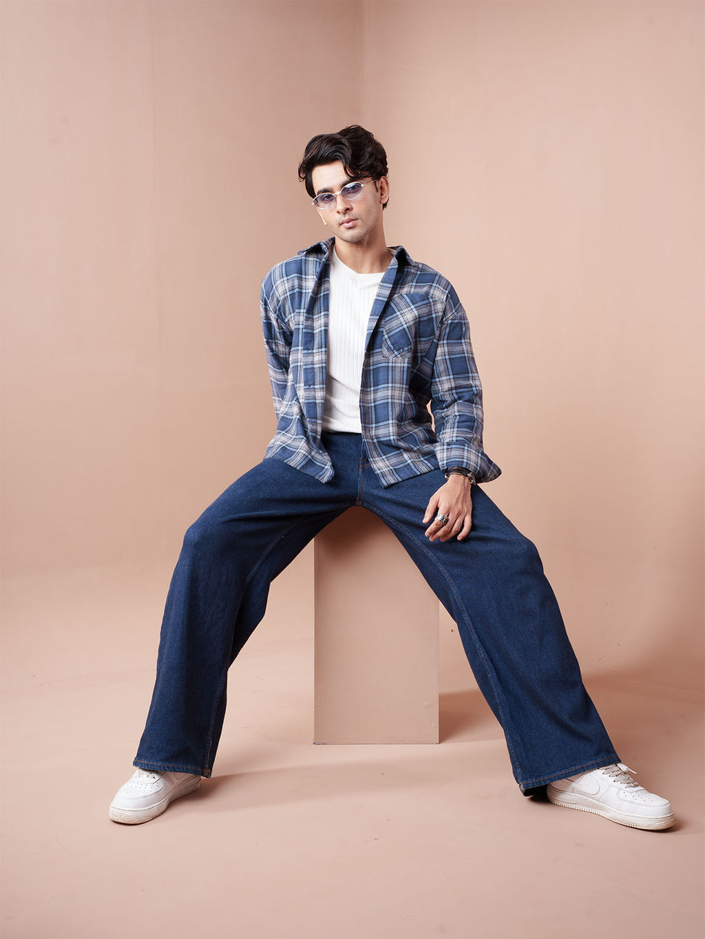 BOXY Navy & Steel Blue Plaid Flannel Shirt