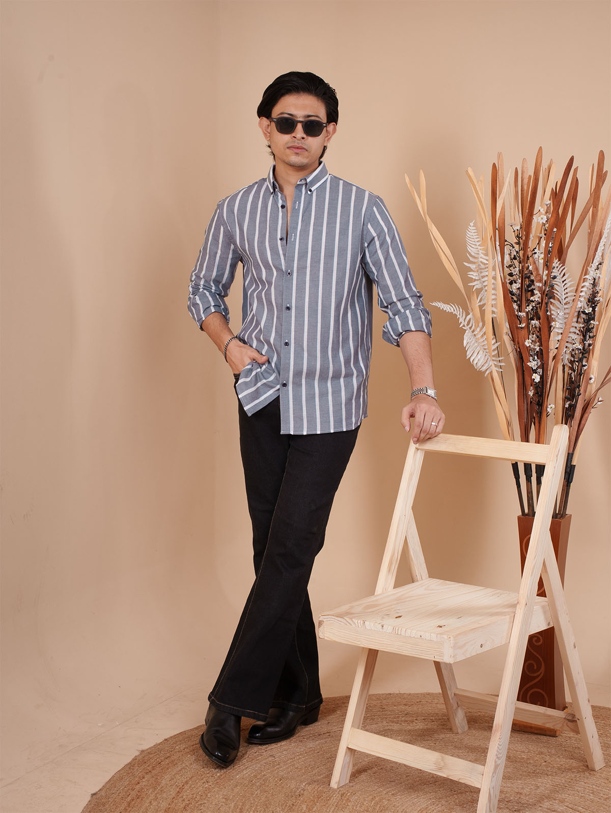 SKYFALL Steel Blue Border-Stripe Shirt