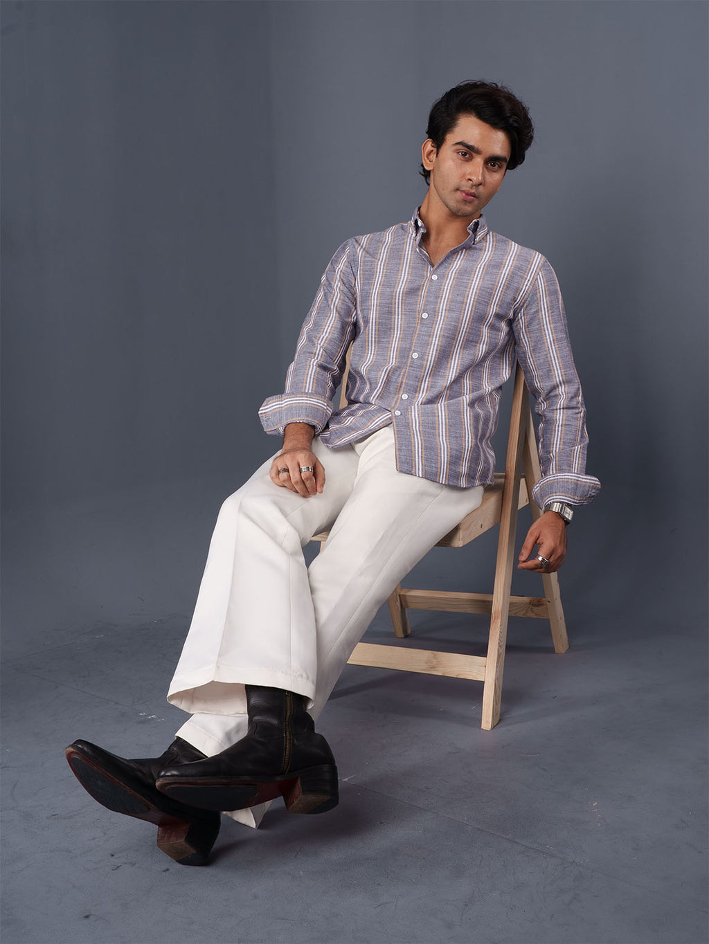 AUTUMN Grey & Ochre Striped Shirt