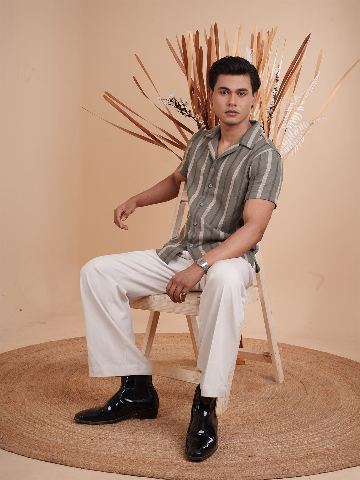 CROCHET Olive Stripe Cuban Shirt