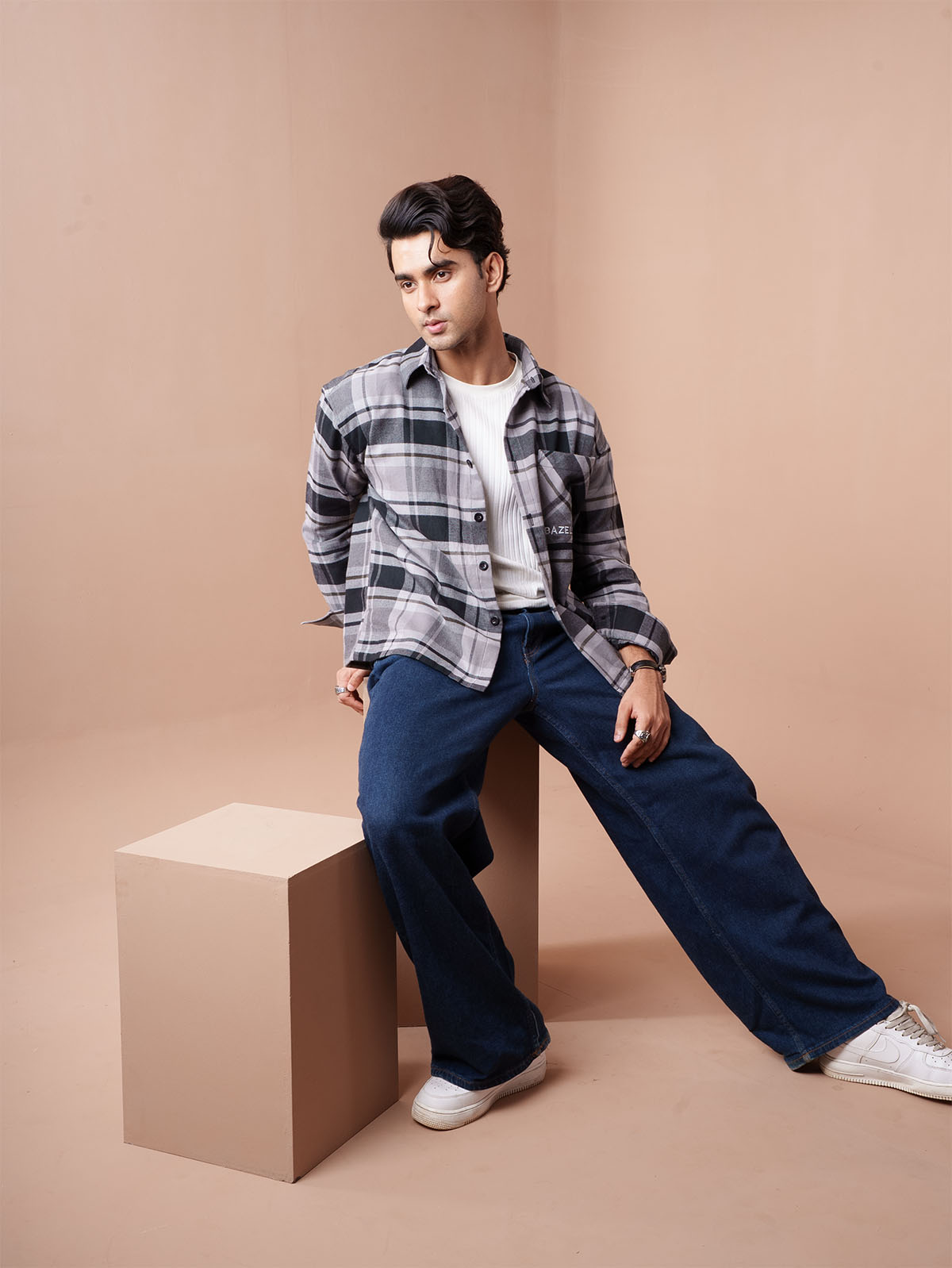 BOXY Grey & Black Plaid Flannel Shirt