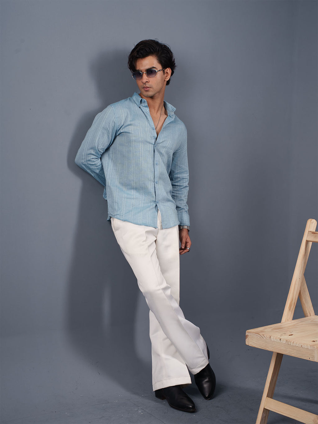 TRANSITION Ice Blue Textured Striped Shirt