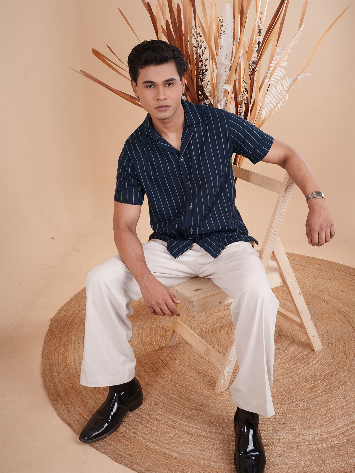 CROCHET Royal Navy Stripe Cuban Shirt
