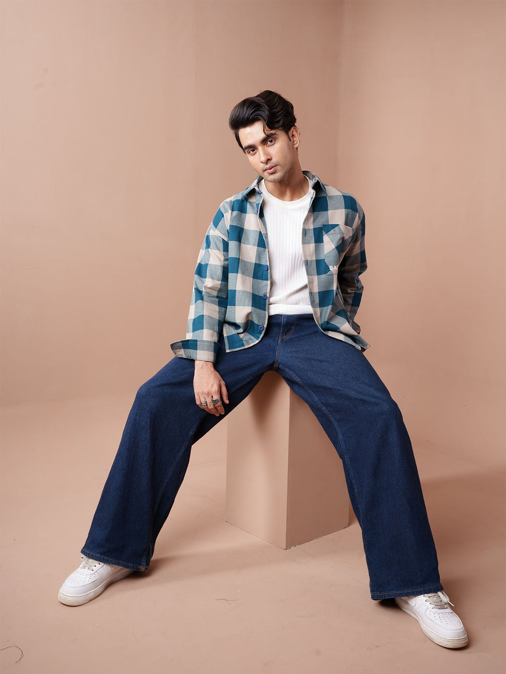 BOXY Teal & Beige Plaid Flannel Shirt