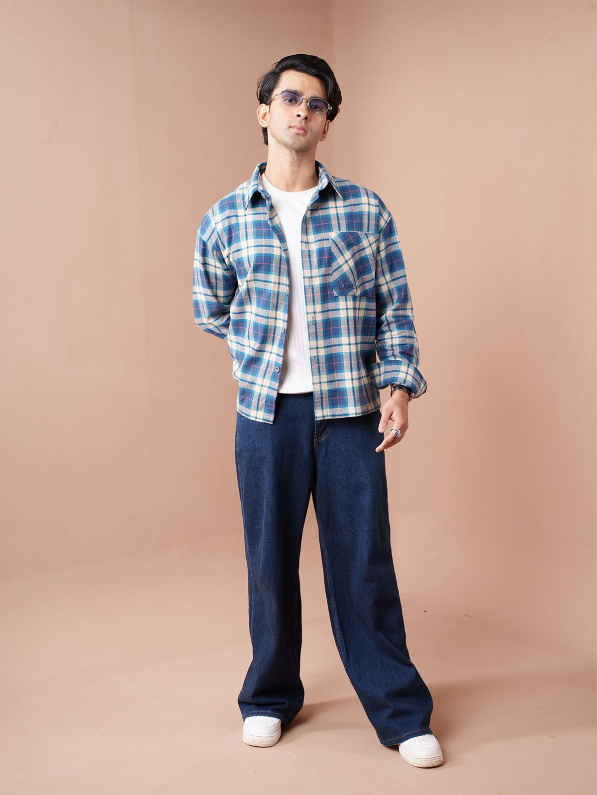 BOXY Blue & Beige Plaid Flannel Shirt