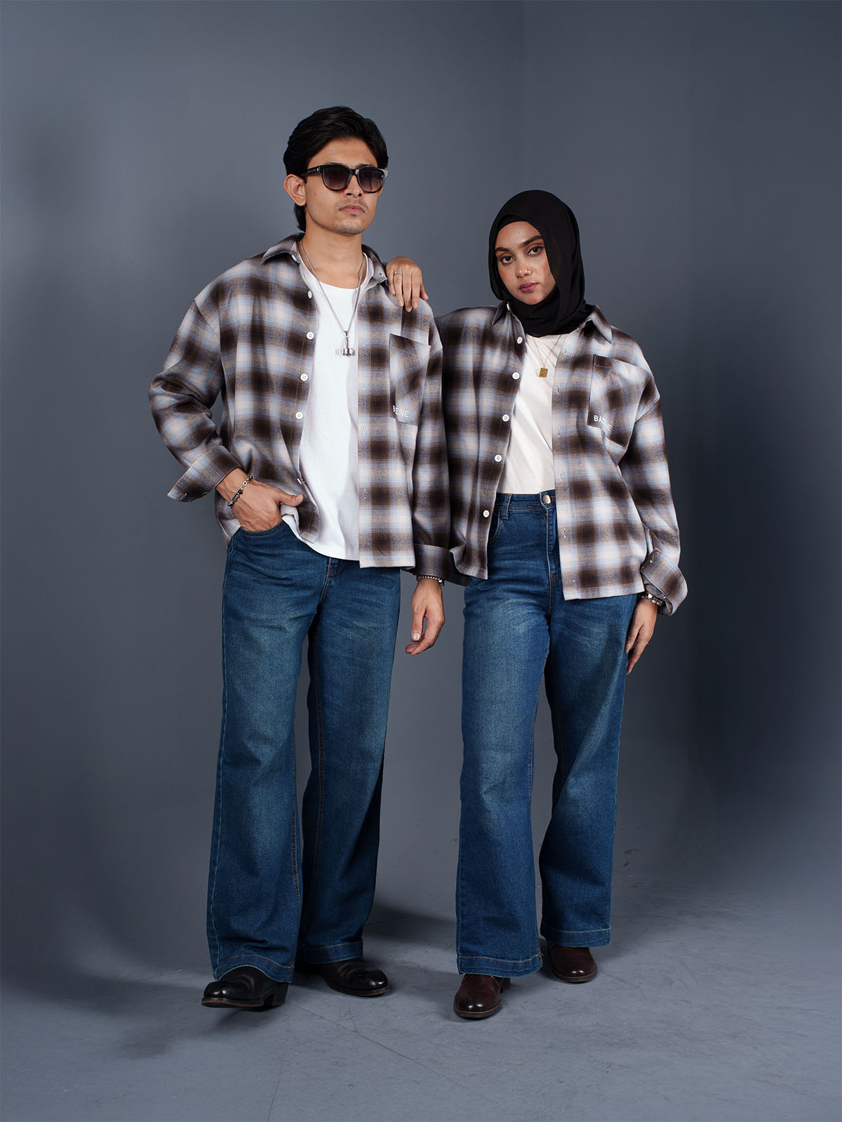 BOXY Brown & Light Blue Plaid Flannel Shirt