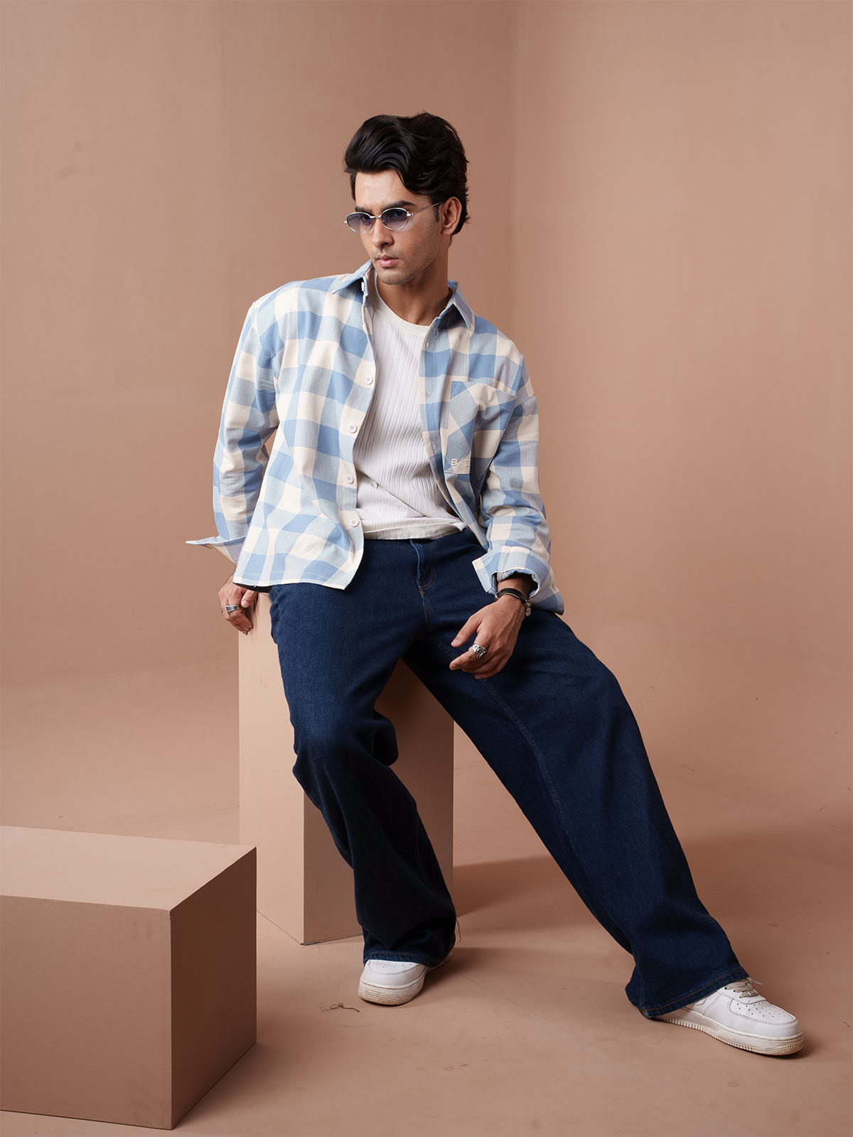 BOXY Light Blue & Cream Plaid Flannel Shirt