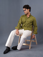 AUTUMN Olive Green & White Striped Shirt