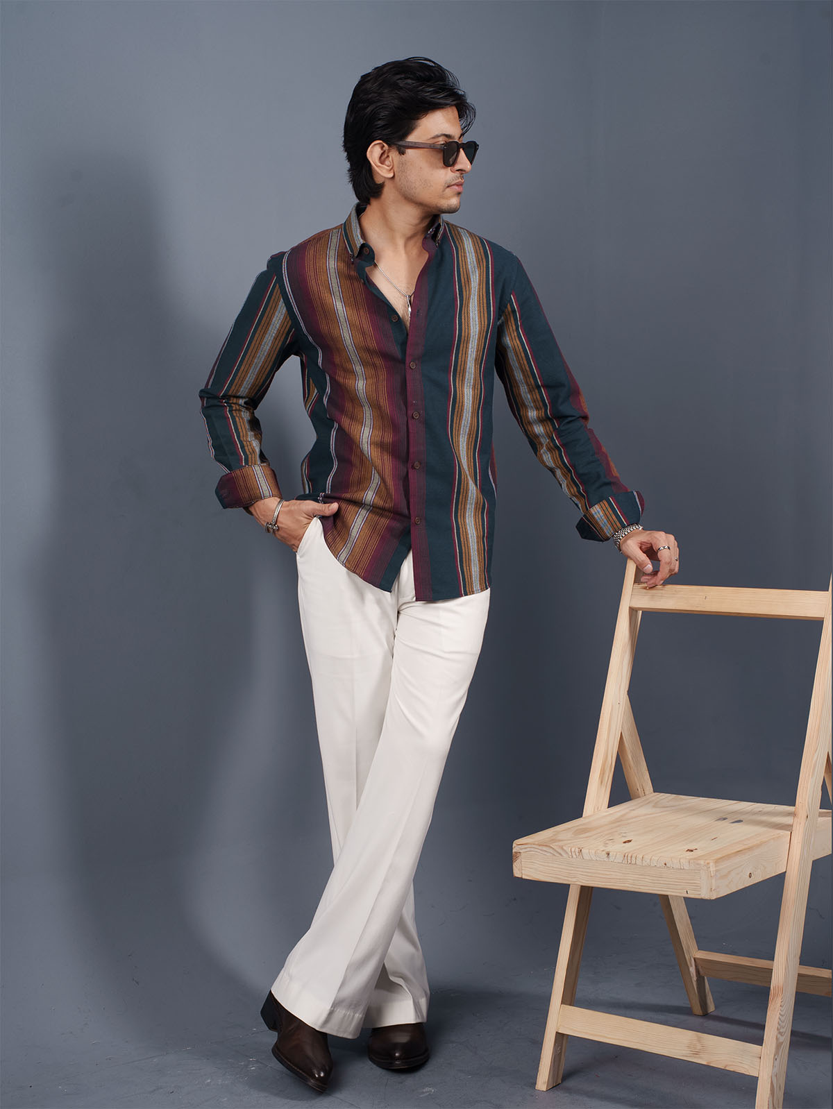 TRANSITION Multi-Color Striped Shirt (Dark Green, Maroon & Mustard)