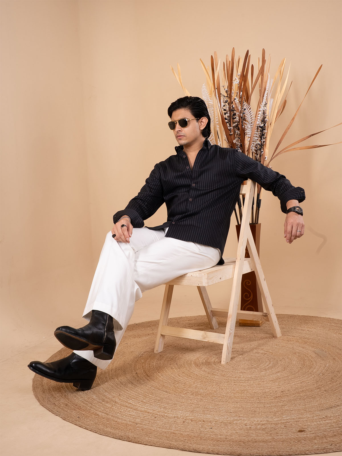 SKYFALL Jet Black Pinstripe Shirt For Cool Weather