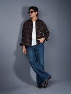 BOXY Coffee & Navy Plaid Flannel Shirt