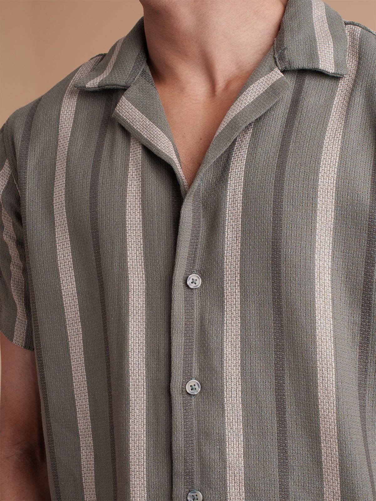 CROCHET Olive Stripe Cuban Shirt