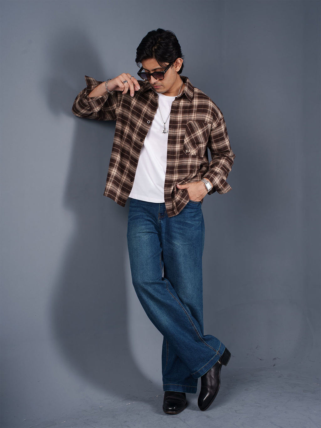 BOXY Brown & Cream Plaid Flannel Shirt