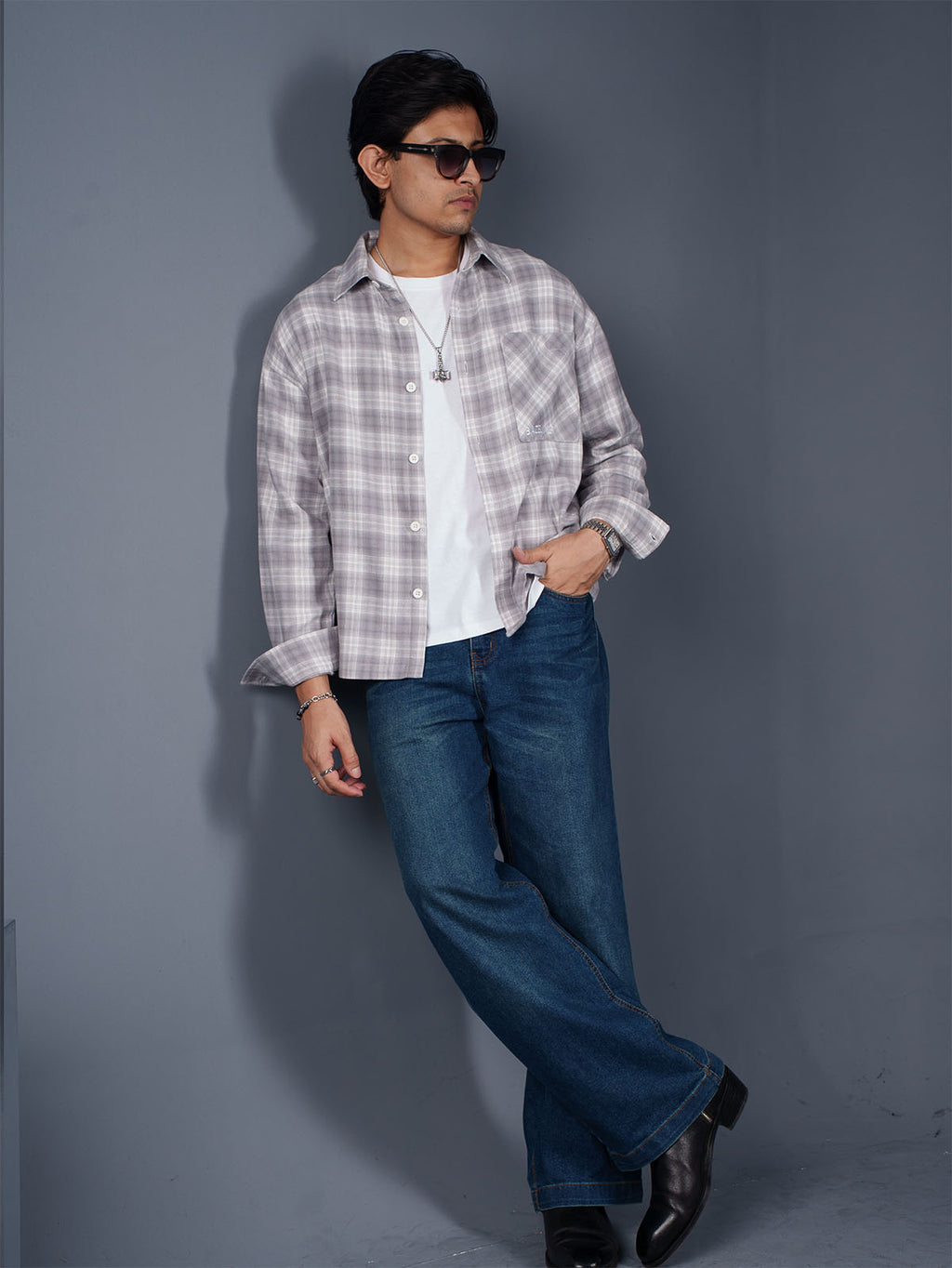 BOXY Grey Plaid Flannel Shirt