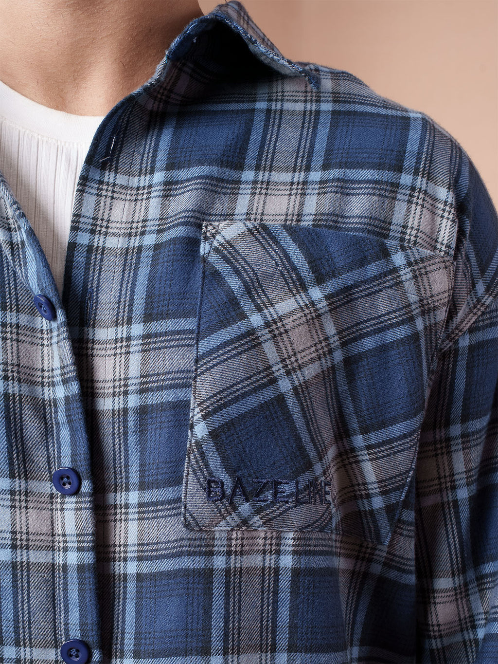 BOXY Navy & Steel Blue Plaid Flannel Shirt
