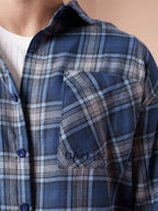 BOXY Navy & Steel Blue Plaid Flannel Shirt