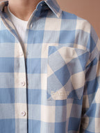 BOXY Light Blue & Cream Plaid Flannel Shirt