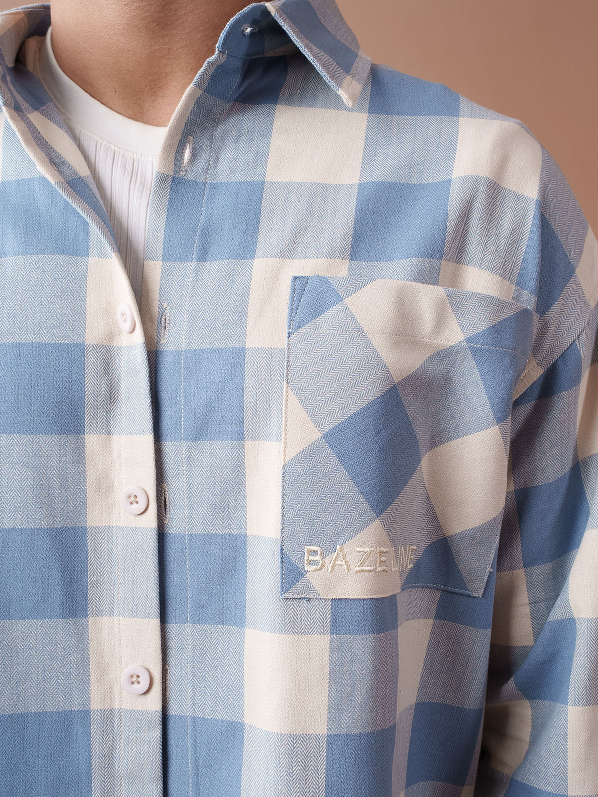 BOXY Light Blue & Cream Plaid Flannel Shirt