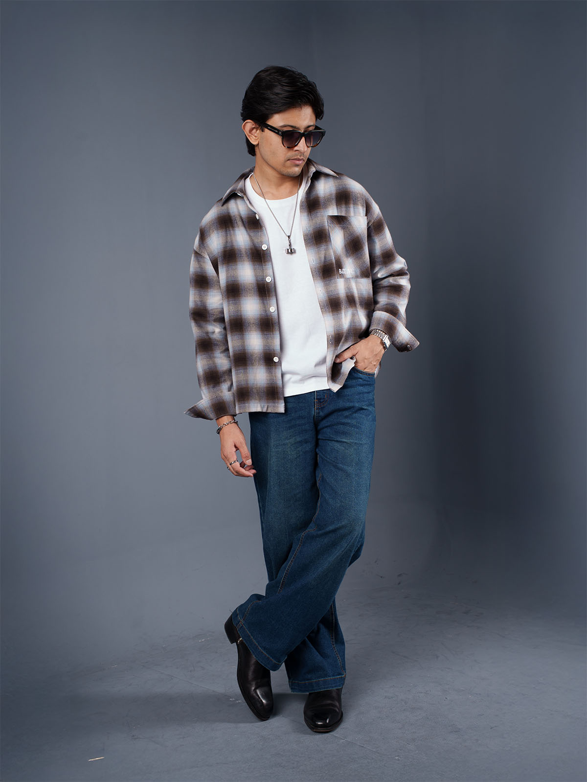 BOXY Brown & Light Blue Plaid Flannel Shirt