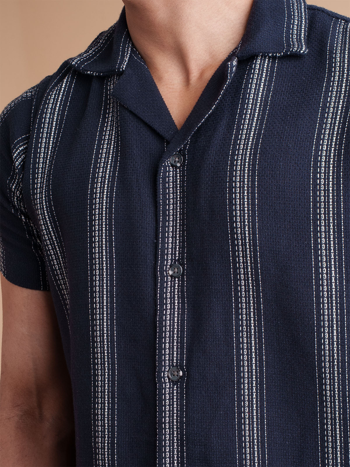 CROCHET Midnight Navy Stripe Cuban Shirt