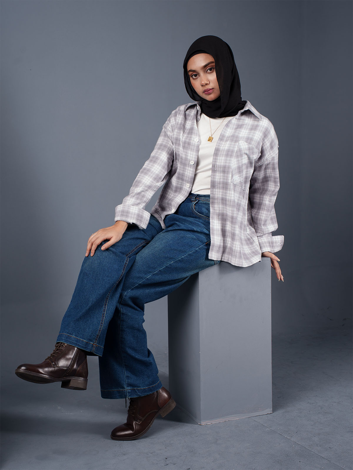 BOXY Grey Plaid Flannel Shirt