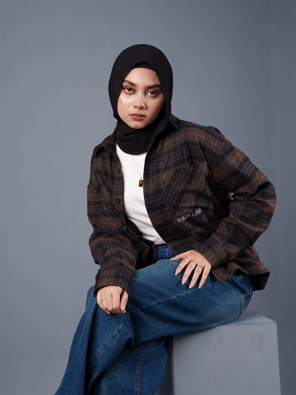 BOXY Coffee & Navy Plaid Flannel Shirt