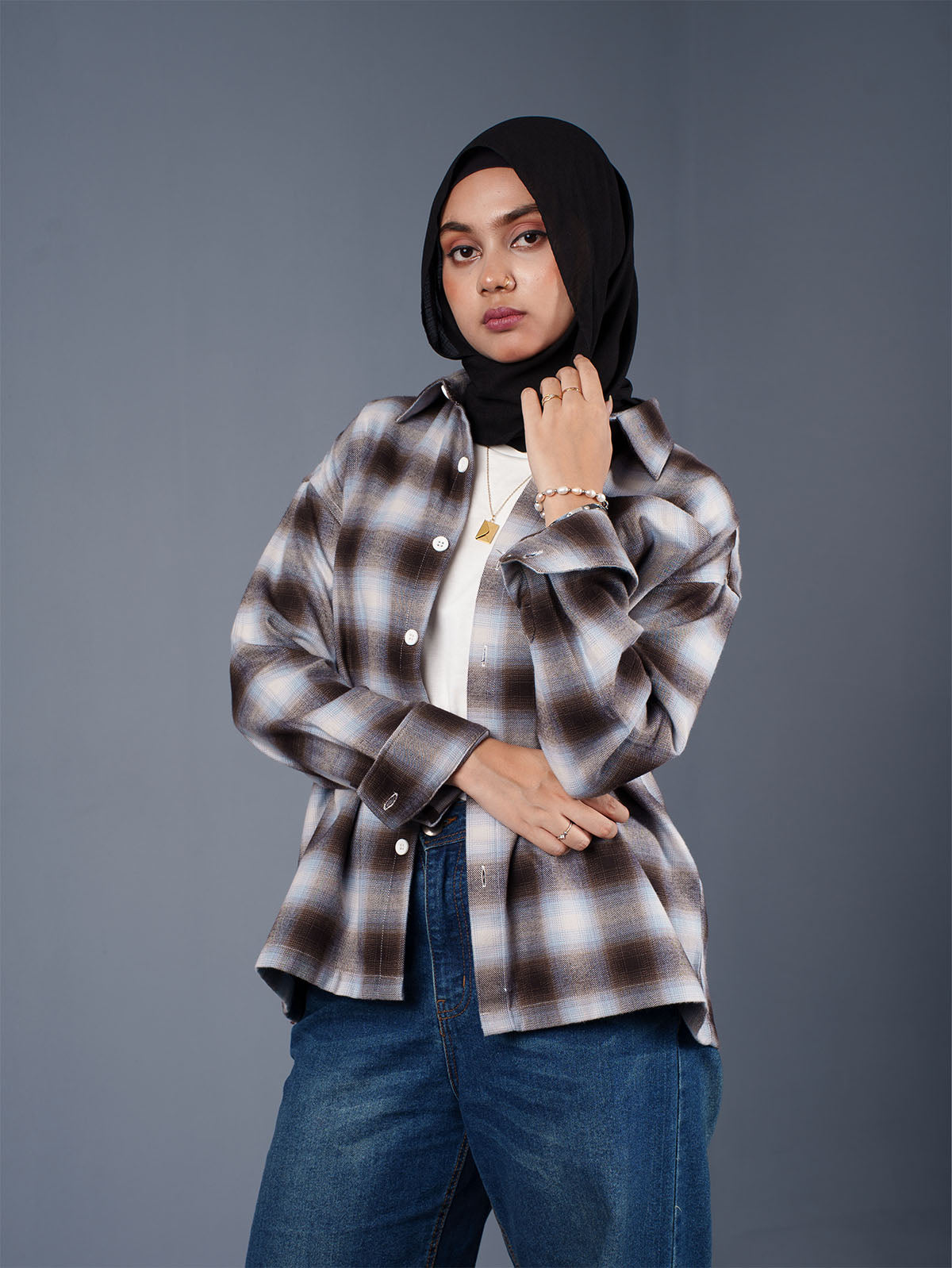 BOXY Brown & Light Blue Plaid Flannel Shirt