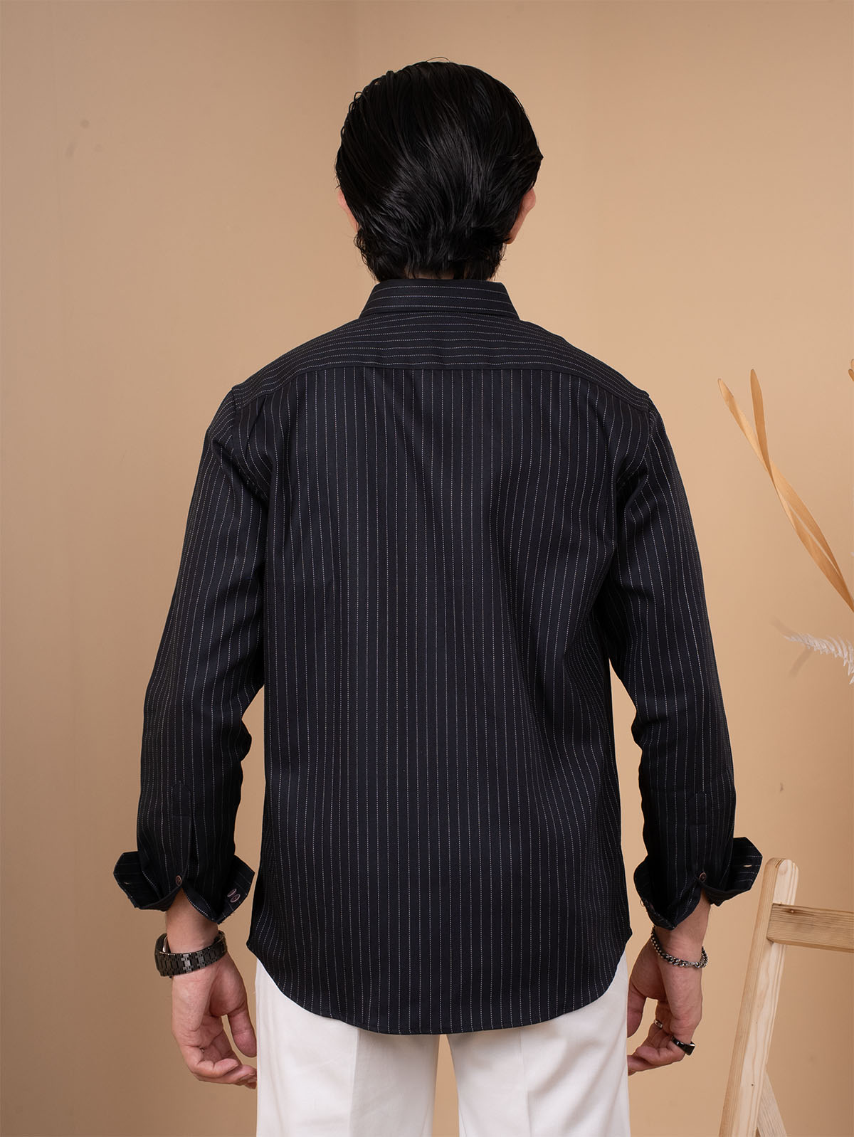 SKYFALL Jet Black Pinstripe Shirt For Cool Weather