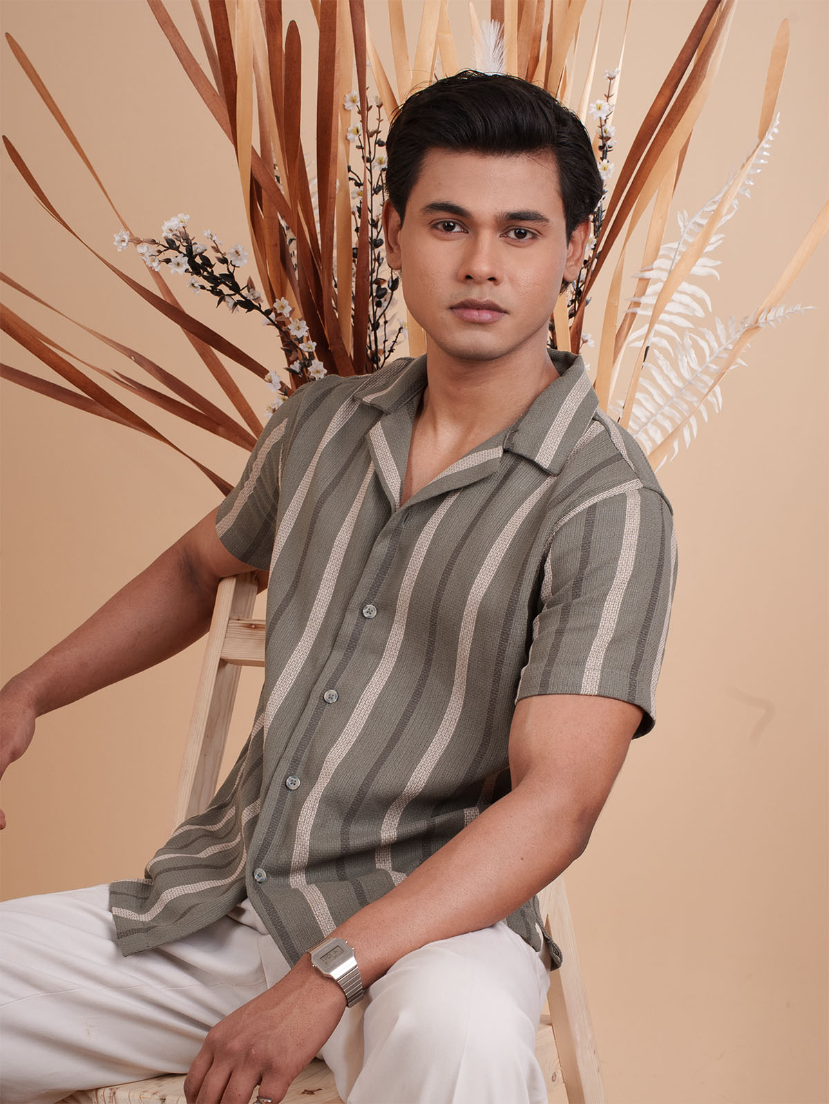 CROCHET Olive Stripe Cuban Shirt