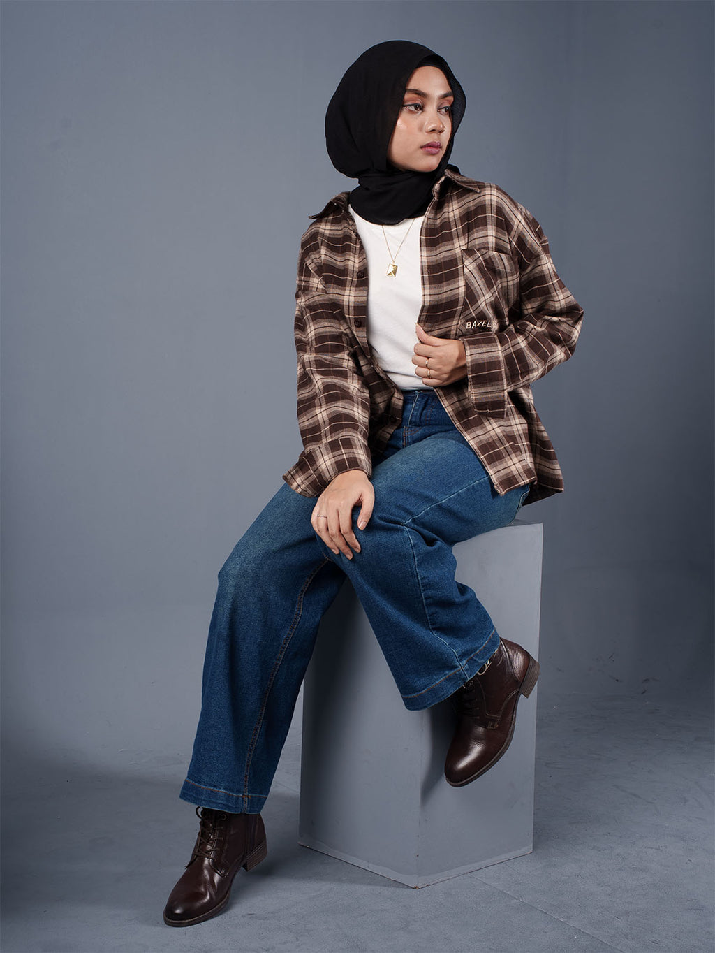 BOXY Brown & Cream Plaid Flannel Shirt