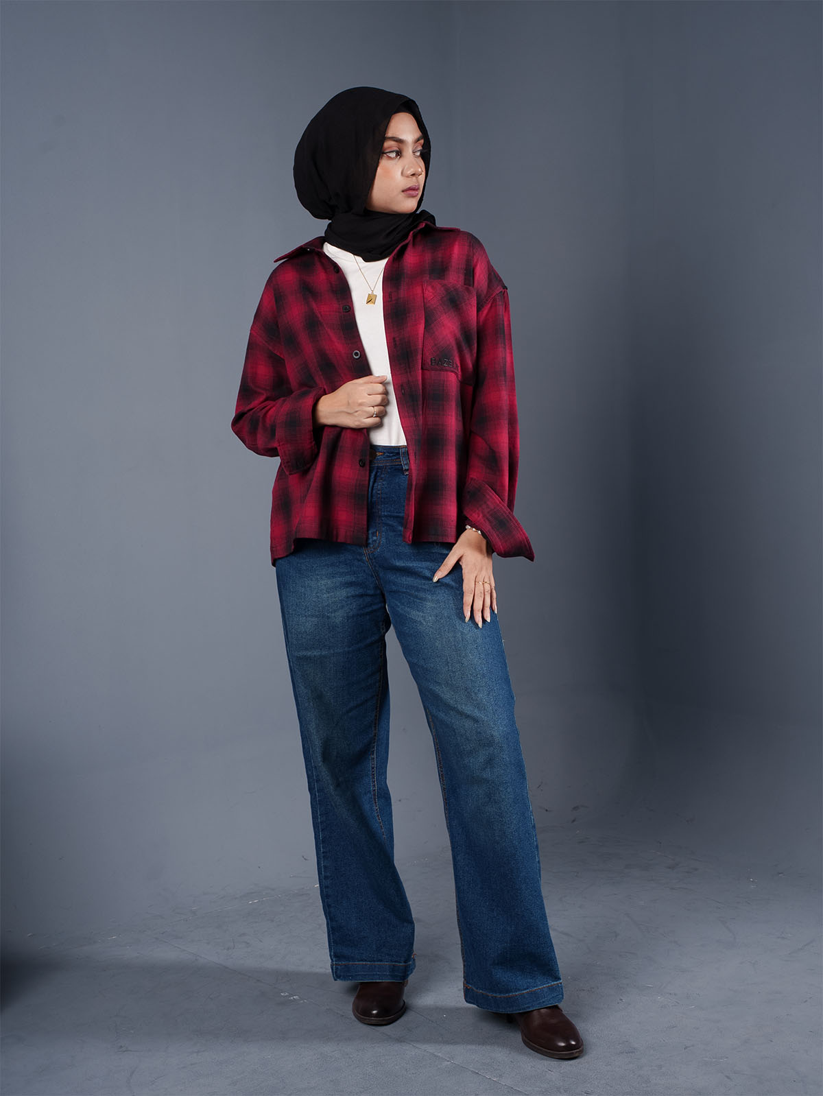 BOXY Maroon & Black Plaid Flannel Shirt